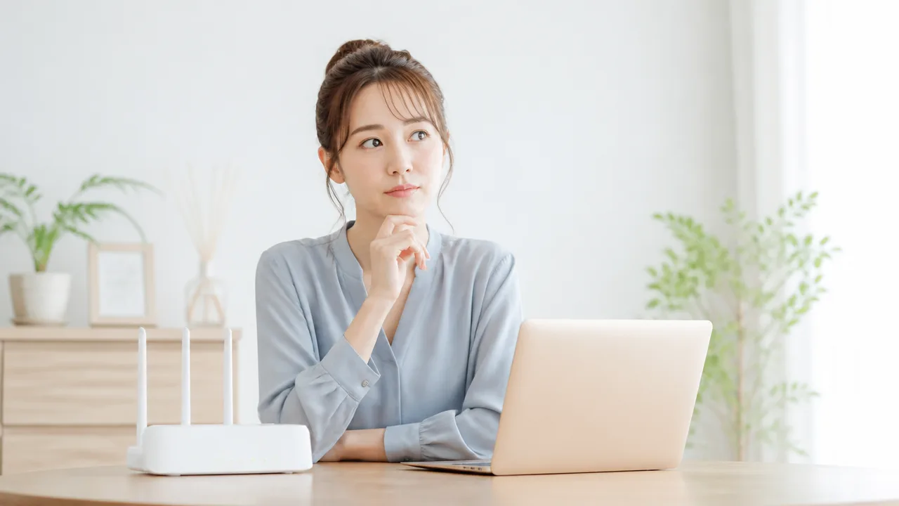 パソコンとWi-Fiルーターを前に考える人
