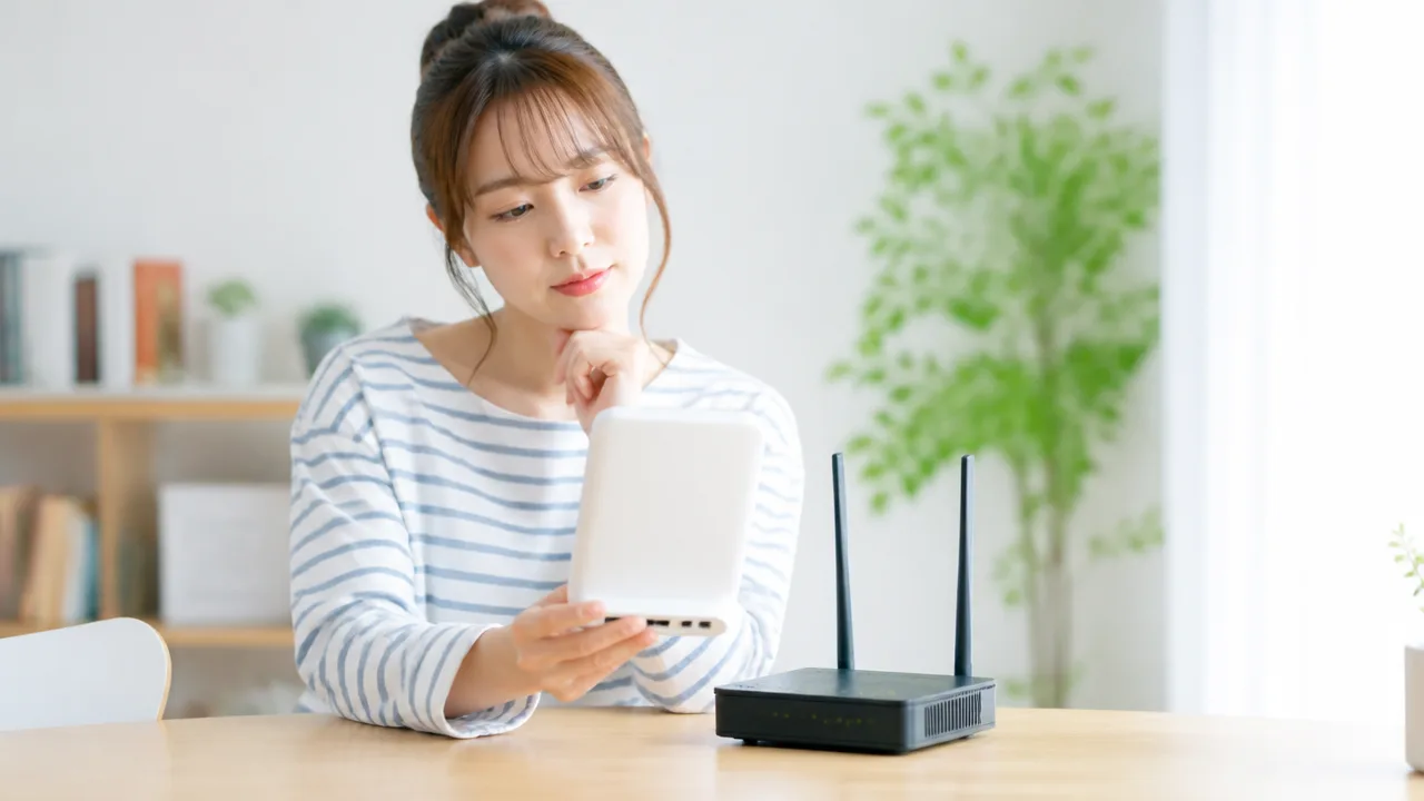 白い通信機器を手に取り、ルーターを見比べる人