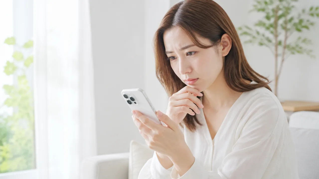 スマホの画面を見ながら保存方法を考える人