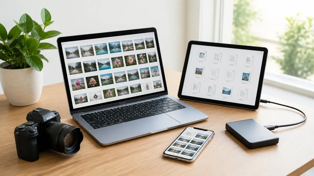写真を表示したパソコンとタブレットのそばに、外付け保存機器を置いたイメージ