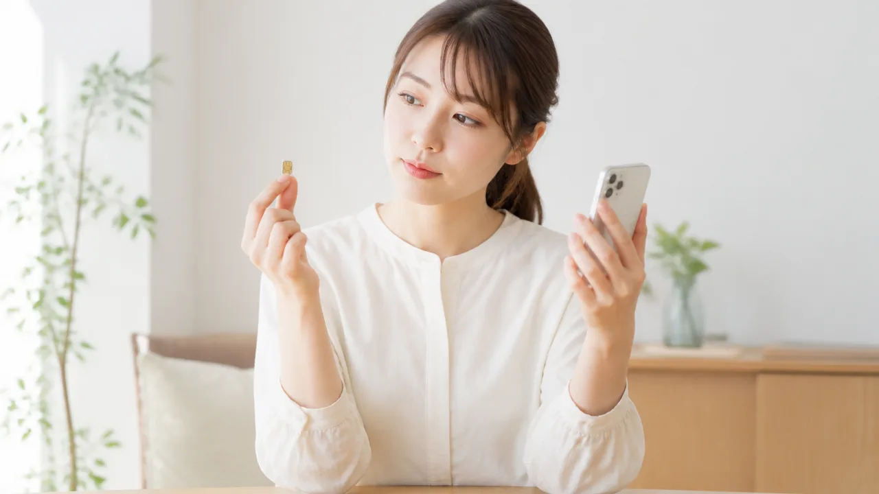 小さなSIMカードとスマホを手に持つ人