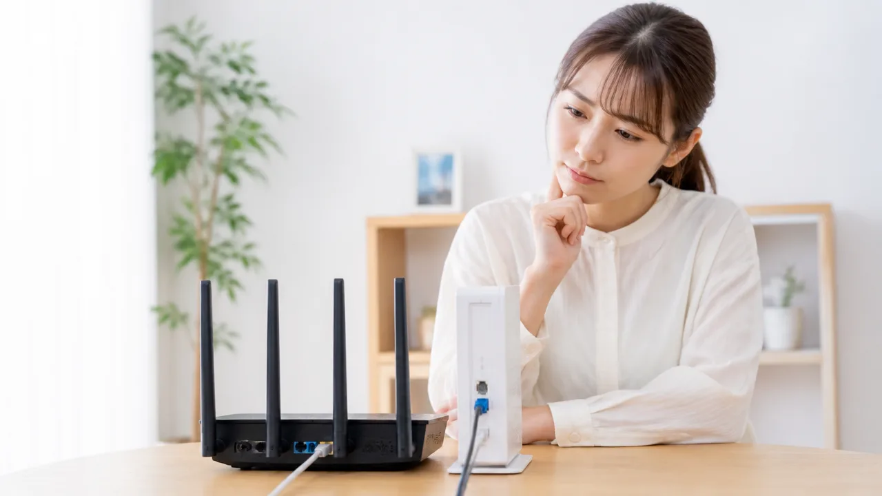 2台の通信機器とケーブルを見ている人