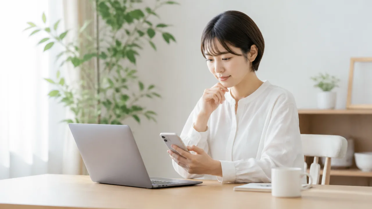 スマホとパソコンを使い、ログイン方法とパスキーの保存先を確認する場面のイメージ