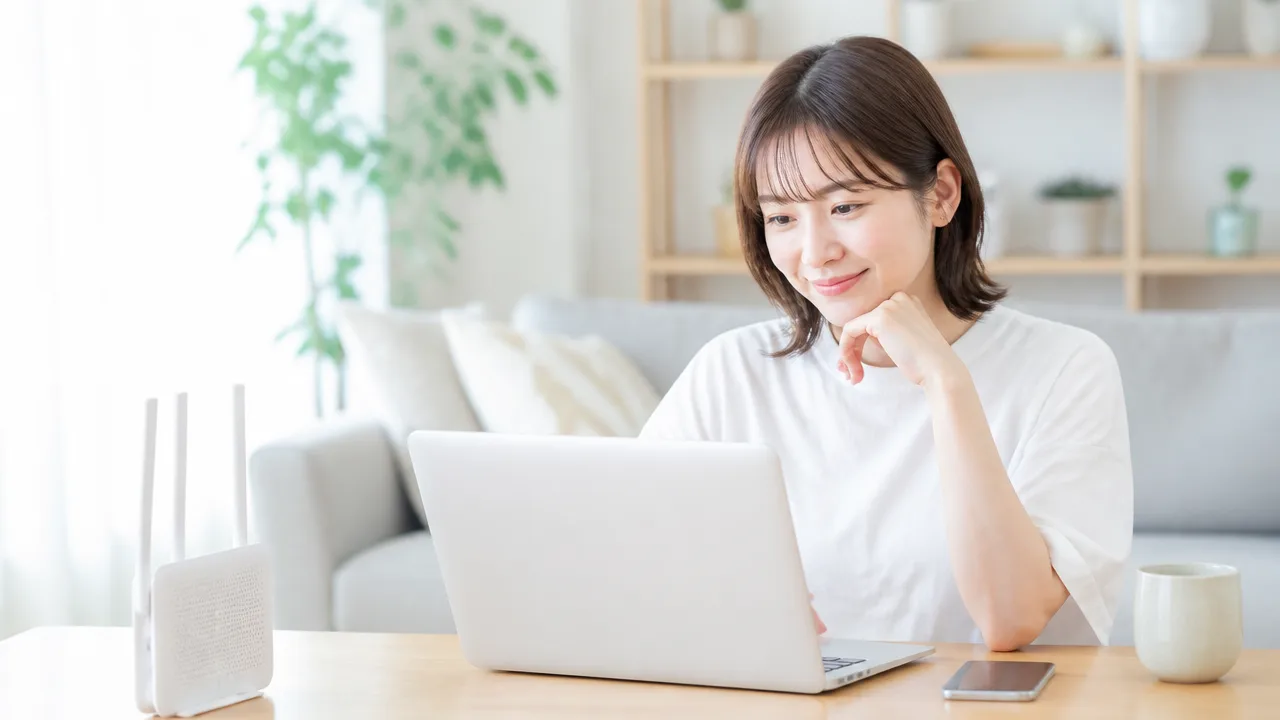 Wi-Fiルーターのそばでパソコンを使う人