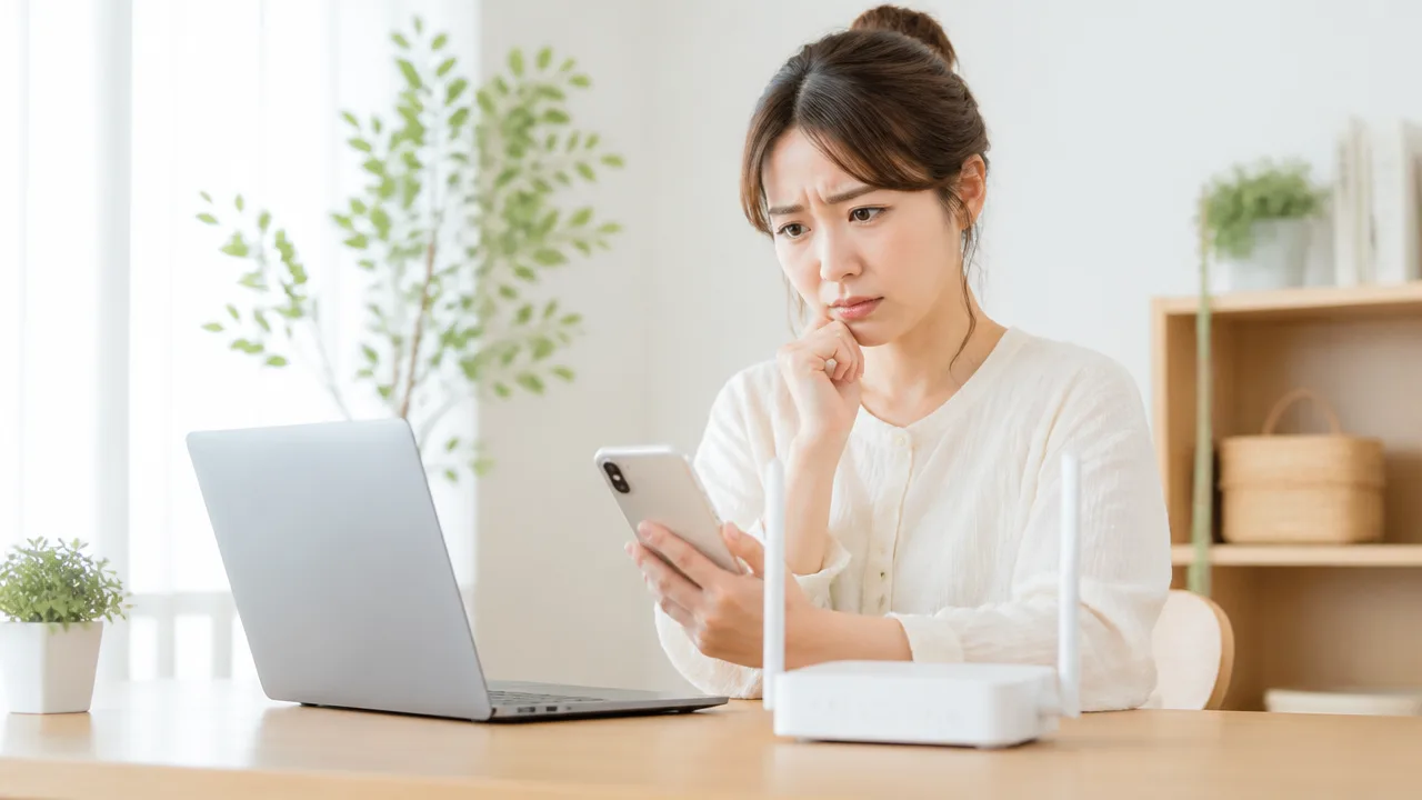 スマホとパソコン、Wi-Fi機器を前に接続について考える人