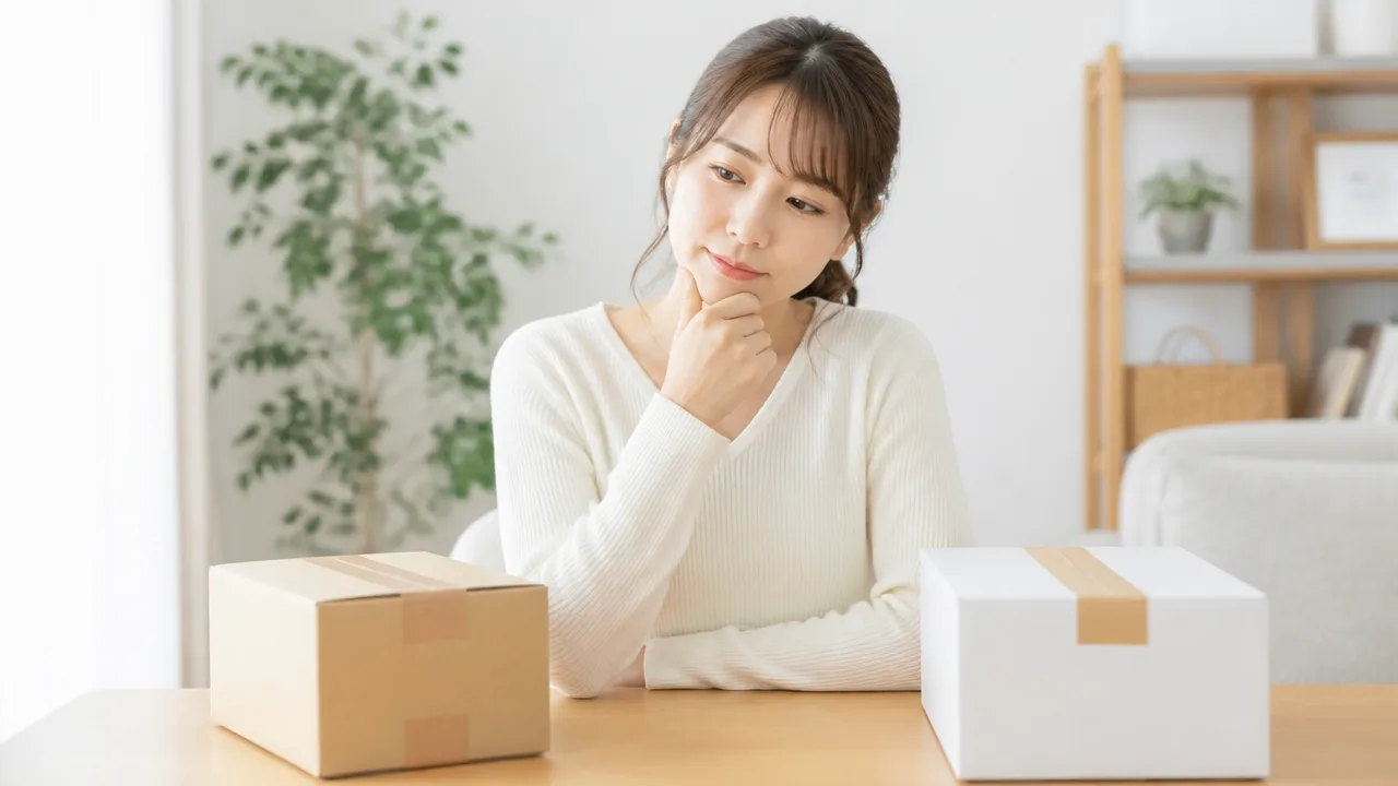 届いた2つの荷物を前に、受け取り方を考える人のイメージ