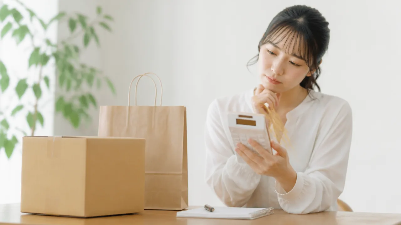 荷物のそばで電卓を使い、支払う金額を確認する人のイメージ