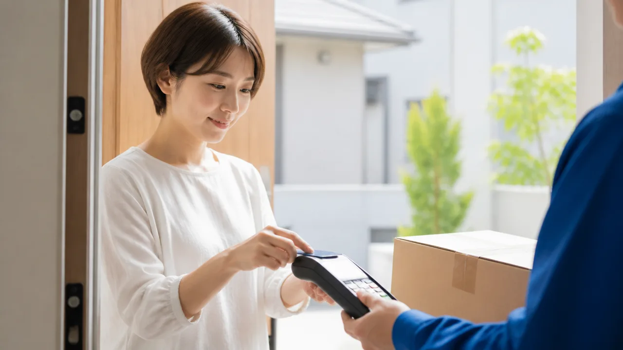 荷物を受け取るときにカードを決済端末へかざす場面のイメージ