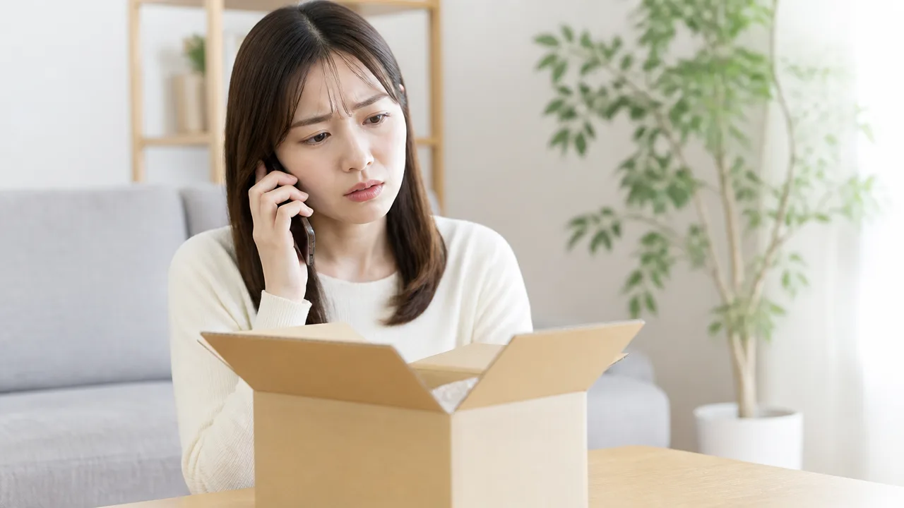 届いた荷物について電話で相談する人のイメージ