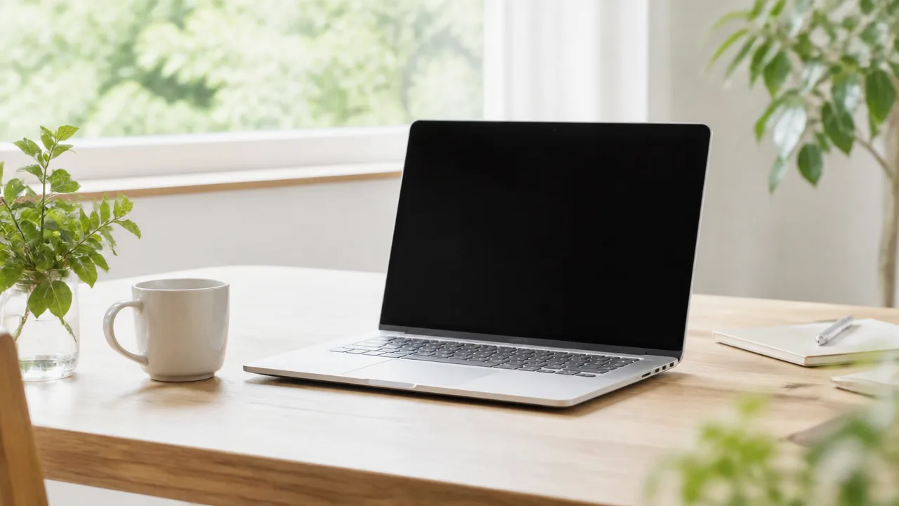 利用を終えたノートPCを机に置く場面のイメージ
