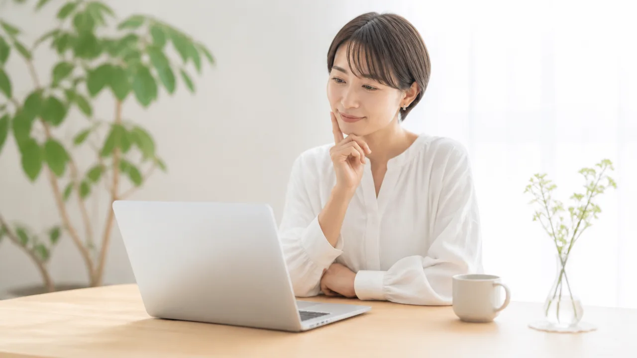 ノートパソコンを見ながら作業の再開を考える人