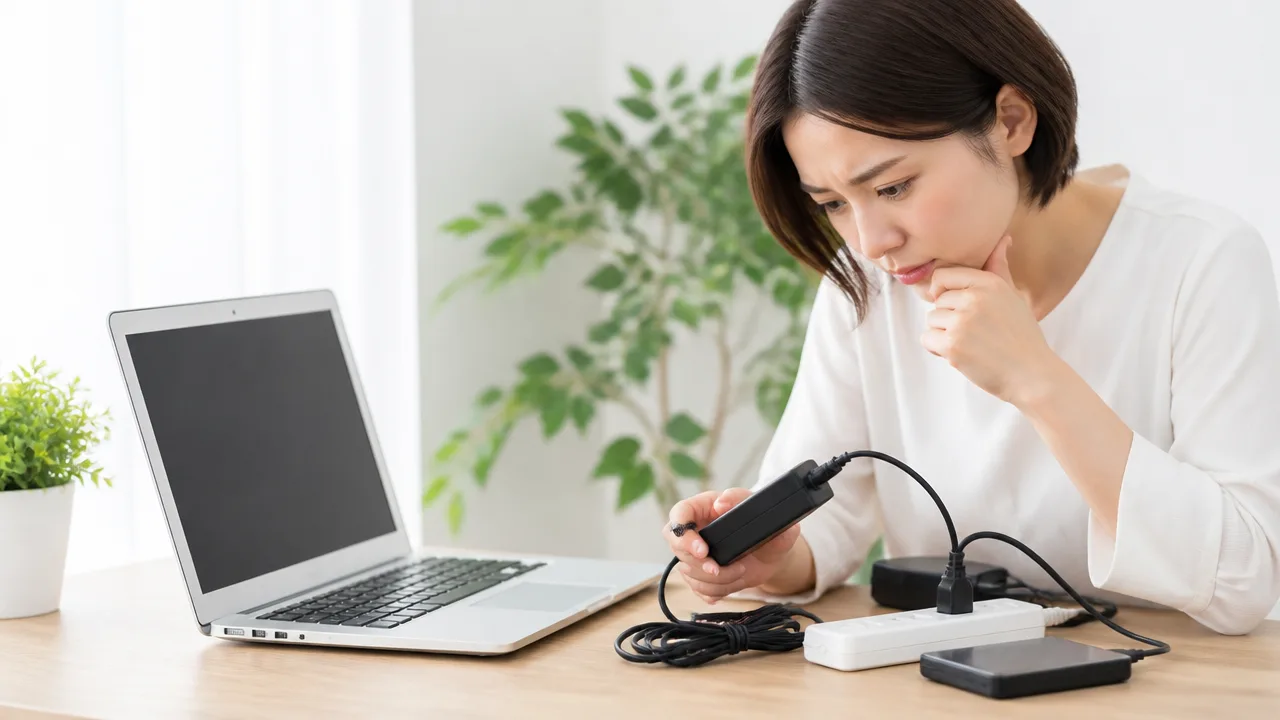 ノートPCの電源と充電できる環境を確認する場面のイメージ