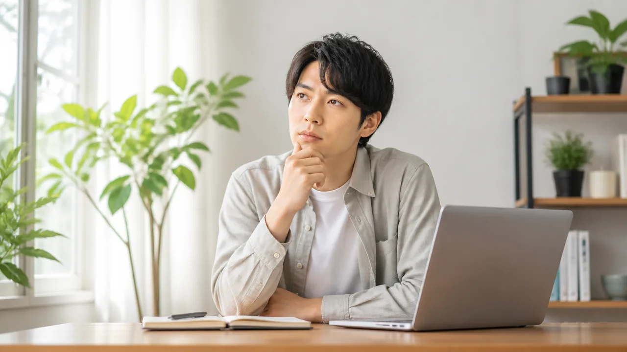 ノートパソコンとノートを前に、口座の使い方を考える人のイメージ