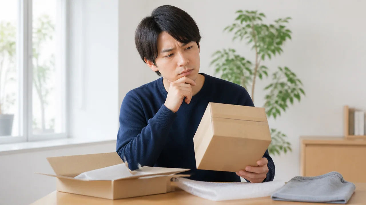 届いた商品と梱包を前に、購入内容を確認する人のイメージ