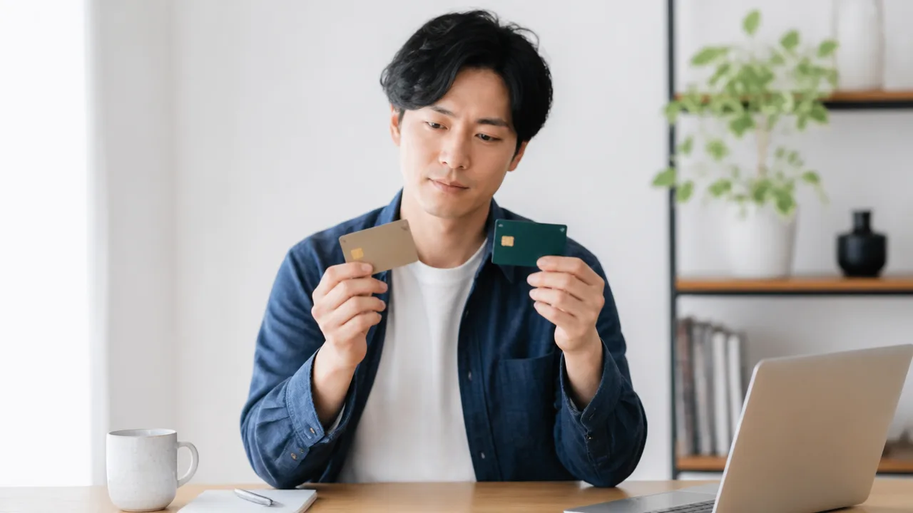 2枚のカードを手に、支払い方式を見比べる人