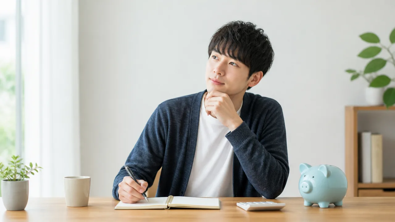 貯金箱と書類を前に、預ける期間を考える人のイメージ