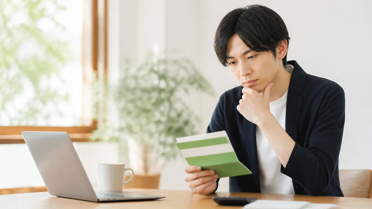 通帳のような冊子を手に、口座について考える人のイメージ
