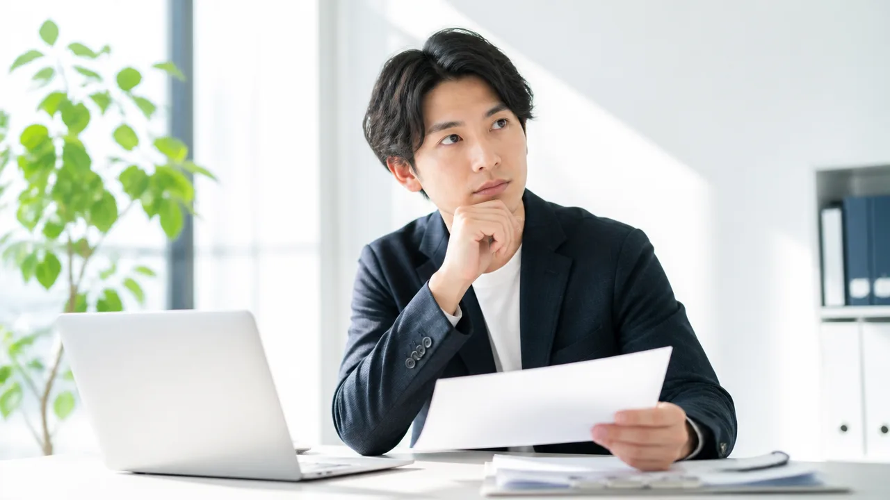 ノートパソコンの前で書類を手に、仕事の進め方を考える人のイメージ