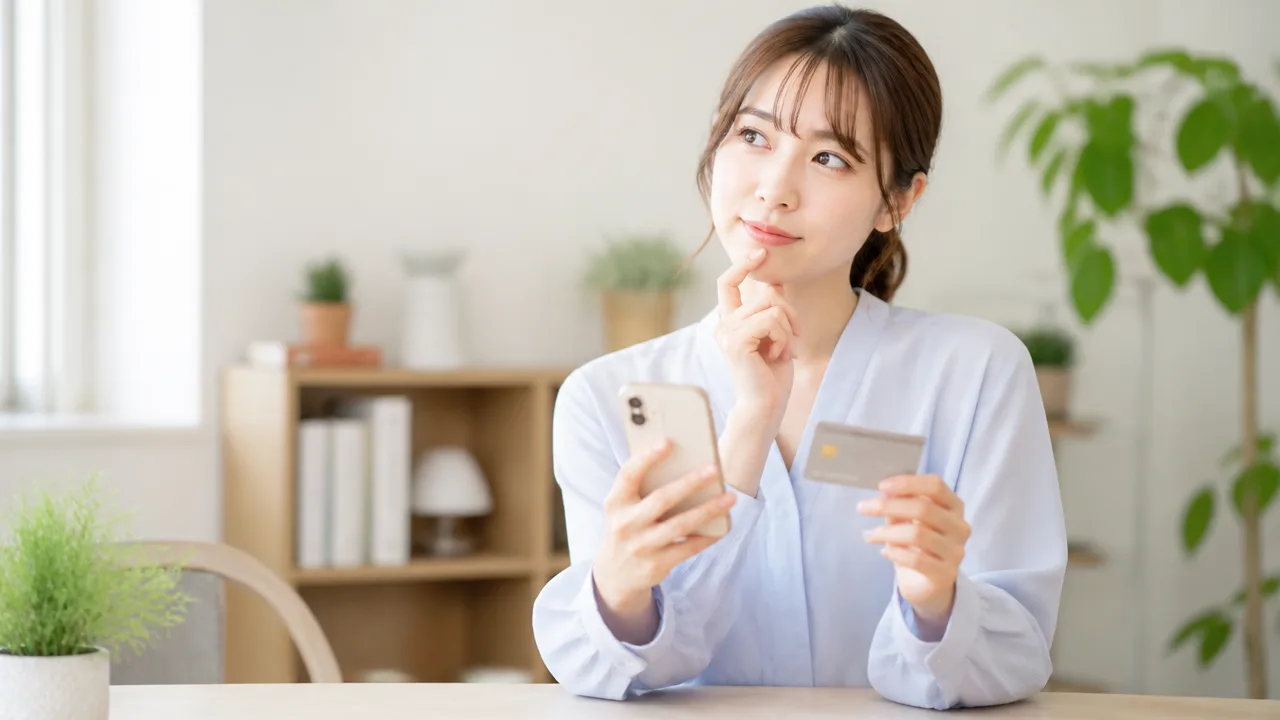 スマホとカードを手に、支払い方法を考える人