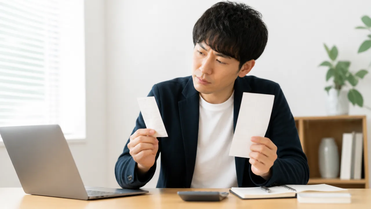 領収書やレシートを手に支払いの記録を確認する人のイメージ