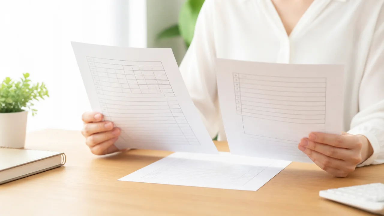 複数の書類を手に内容を見比べる人の手元のイメージ