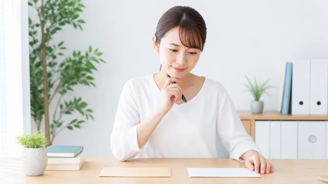 封筒と用紙を前に、宛名を考える人のイメージ