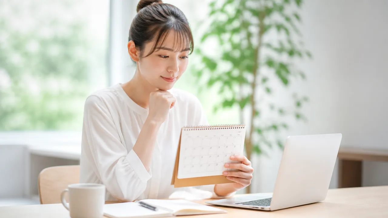 卓上カレンダーを手に、出勤日と休む日を考える人のイメージ