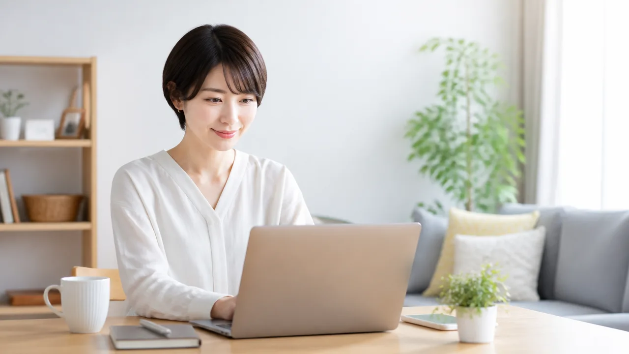 自宅の机でノートパソコンを使って仕事をする人のイメージ
