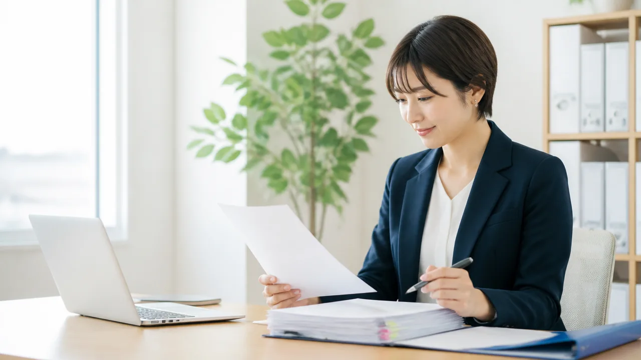 ノートパソコンのそばで書類を読み、ペンを持つ人のイメージ