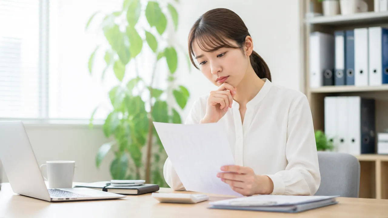 ノートパソコンの前で書類を確認する人のイメージ
