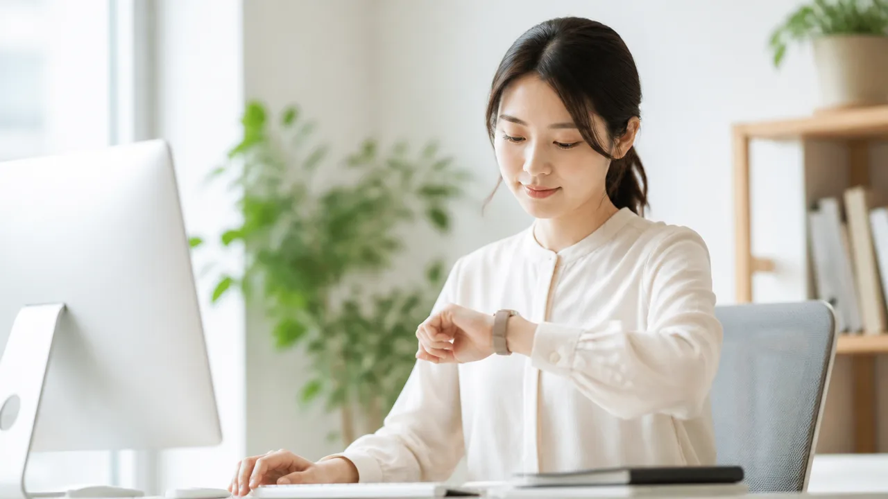 机で腕時計を見ながら、予定と勤務時刻を確かめる人のイメージ