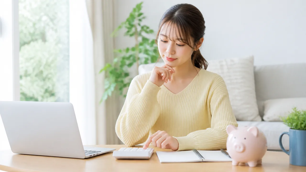 ノートパソコンと貯金箱を前に、預け方を考える人のイメージ