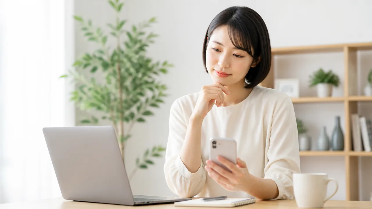 ノートパソコンのそばでスマートフォンの連絡を確認する人のイメージ