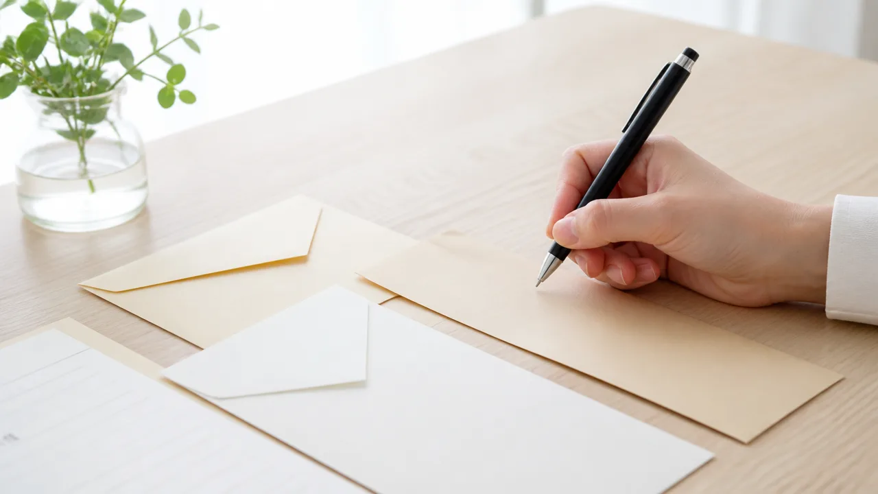 封筒にペンで書き込む手元のイメージ