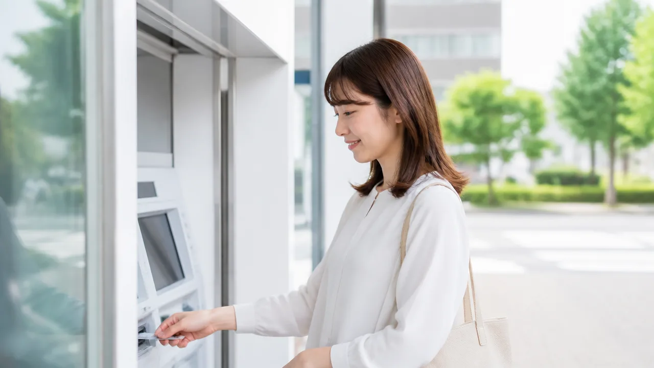 ATMの前でカードを差し込む人のイメージ