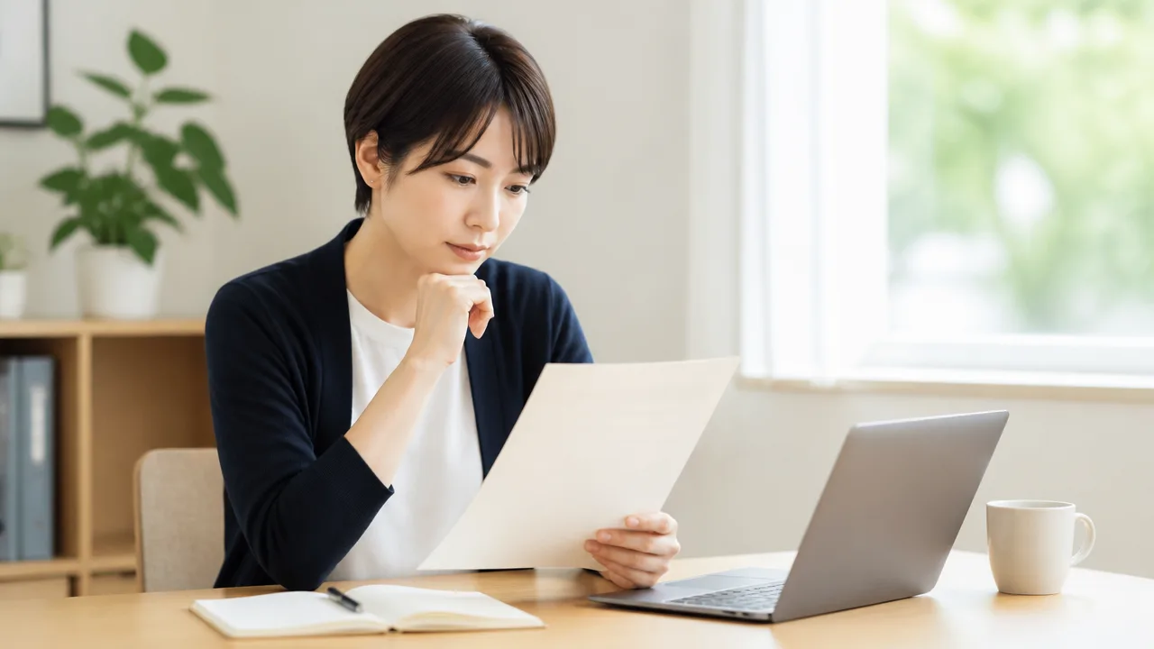 書類とノートパソコンを前に、休むための手続きを確認する人のイメージ