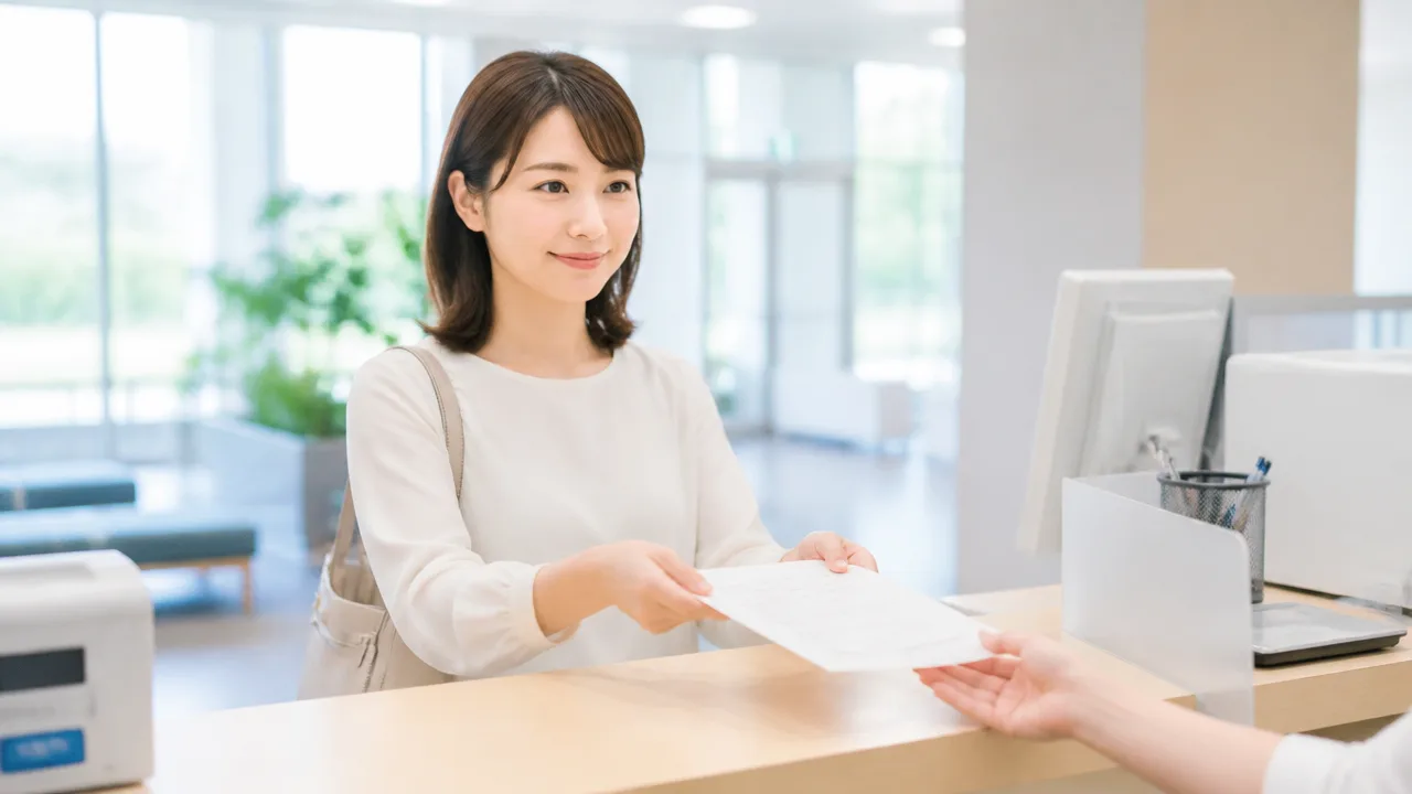 窓口のカウンターで書類を受け渡す人のイメージ