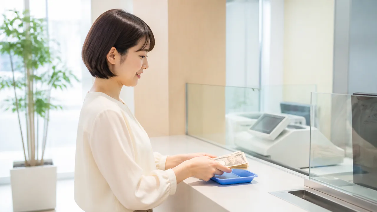 銀行窓口で紙幣を差し出す場面のイメージ