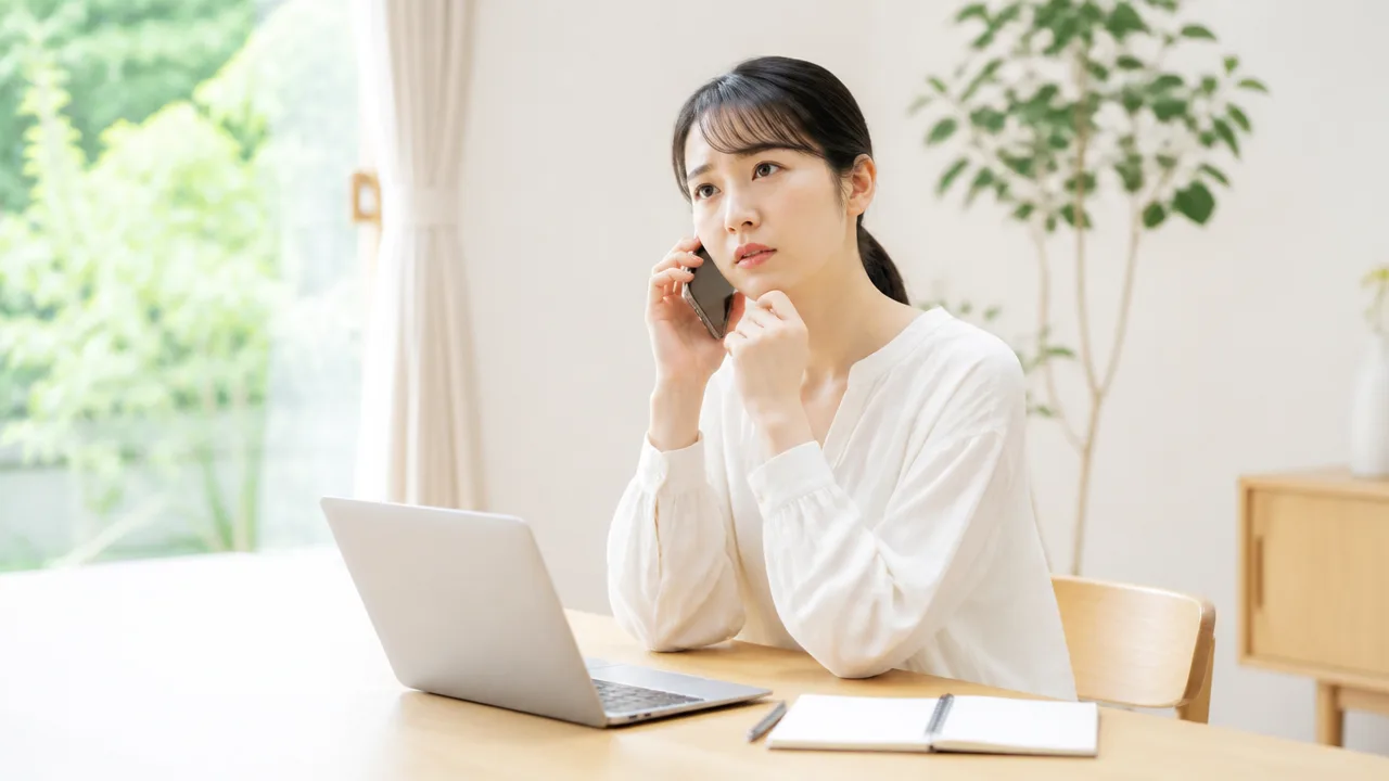 ノートパソコンとメモのそばで電話をする人のイメージ