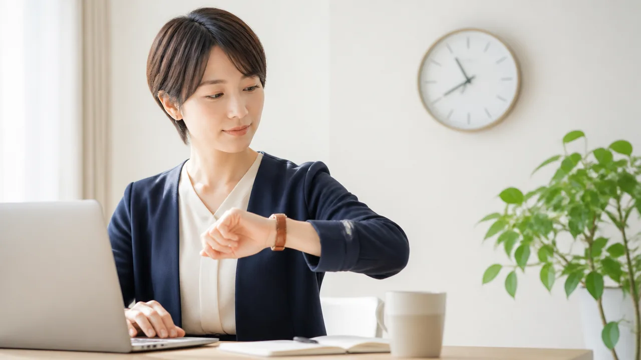 ノートパソコンの前で腕時計を確認する人のイメージ