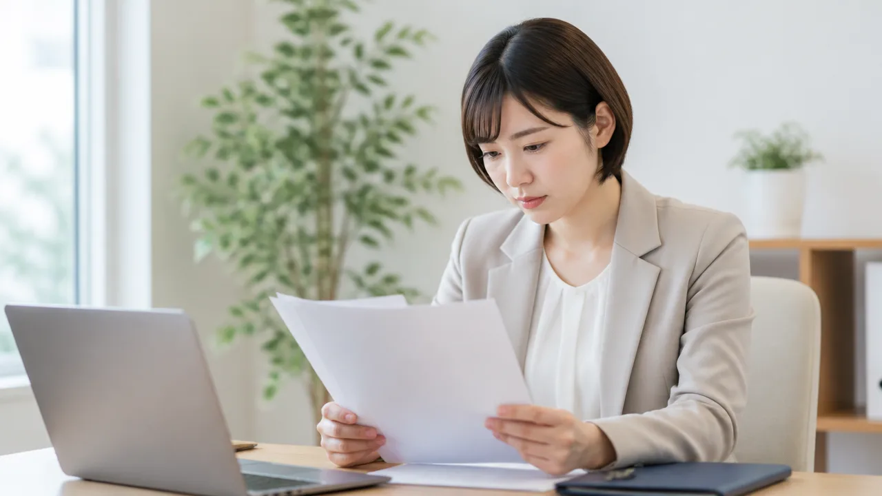 ノートパソコンの横で複数の書類を見比べる人のイメージ