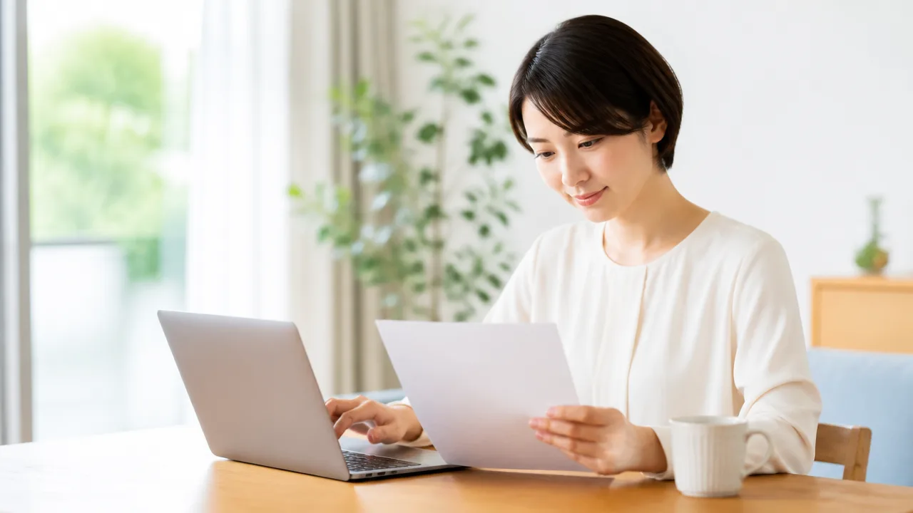 書類を手元に置き、ノートパソコンで連絡する人のイメージ