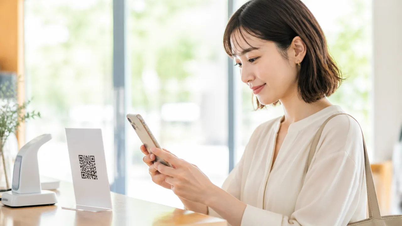 店頭のコードを前に、スマホで支払いを確認する人
