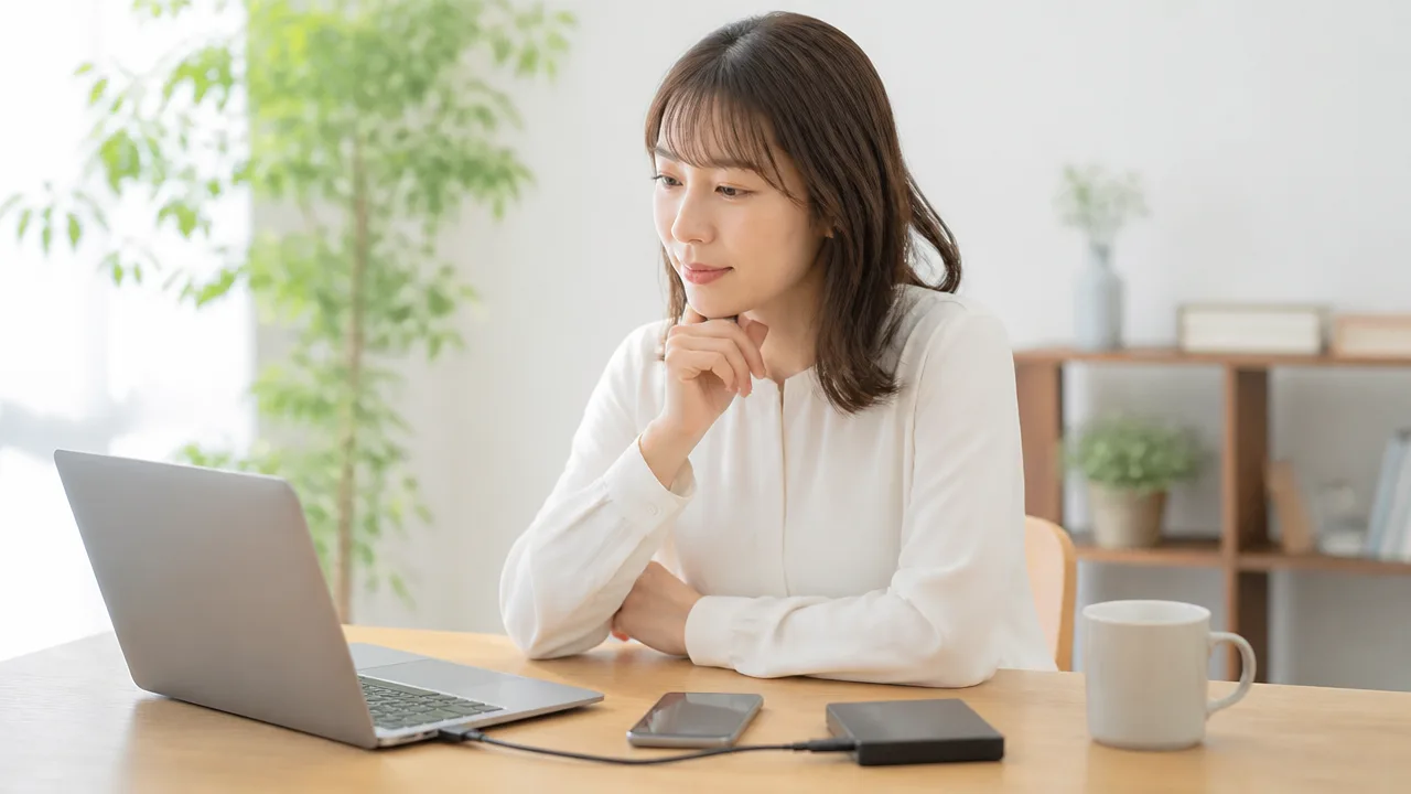 写真の保存方法を考えながらパソコンを見る人のイメージ