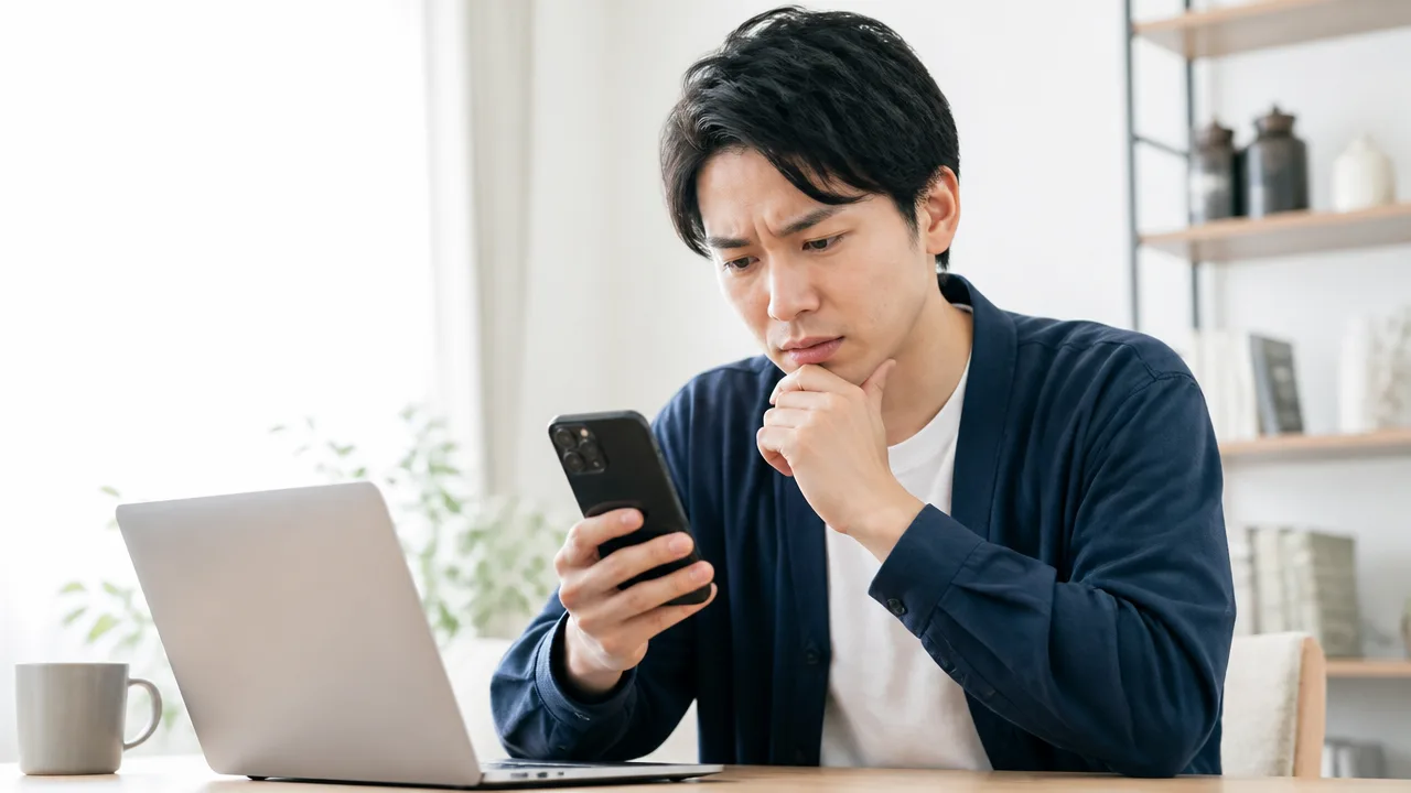 パソコンでのログイン中にスマートフォンを確認する人のイメージ