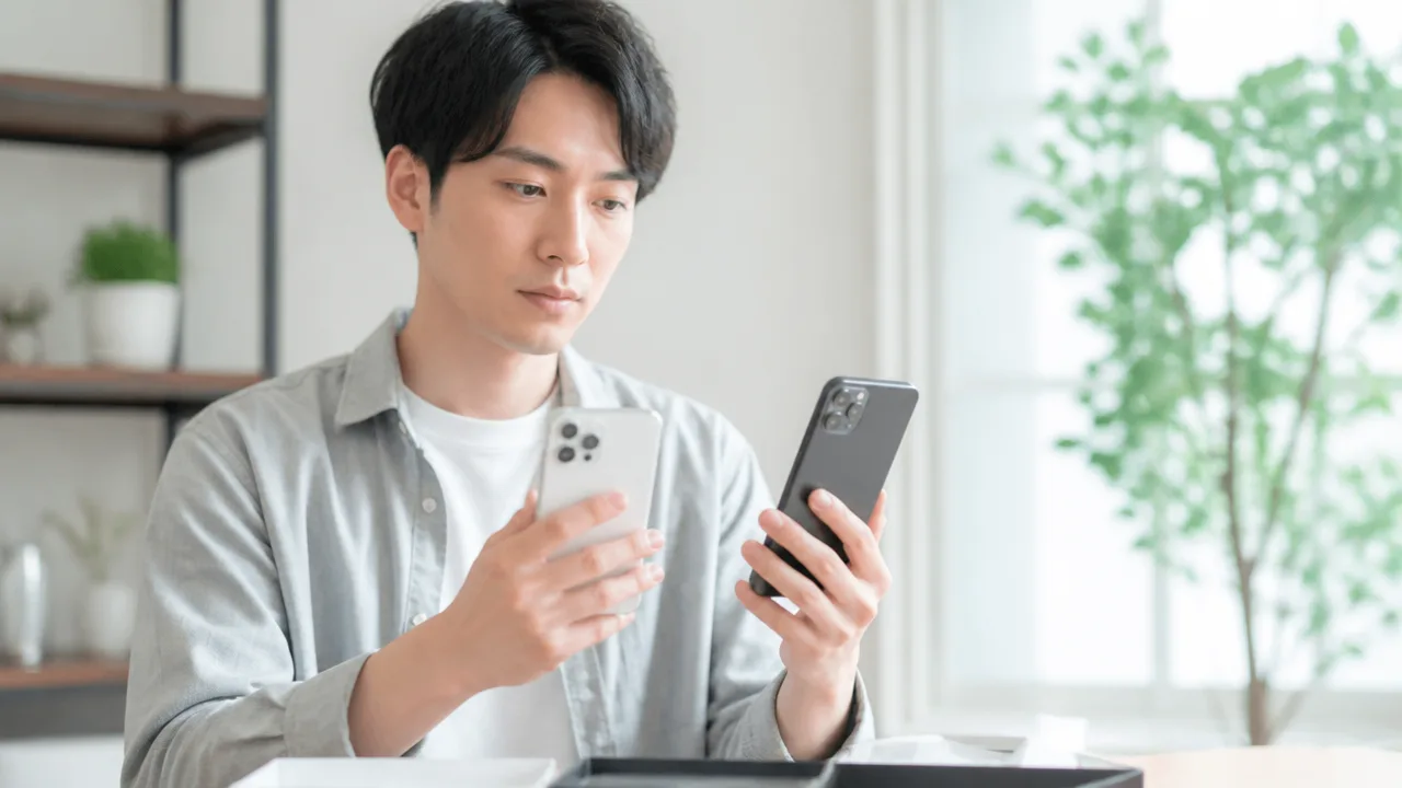 2台のスマートフォンを手に機種変更の準備をする人のイメージ