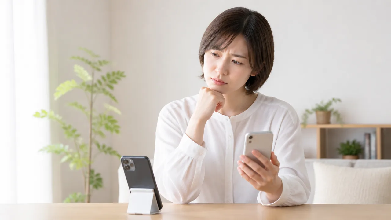 古いスマートフォンと新しいスマートフォンを手元で確認する人のイメージ