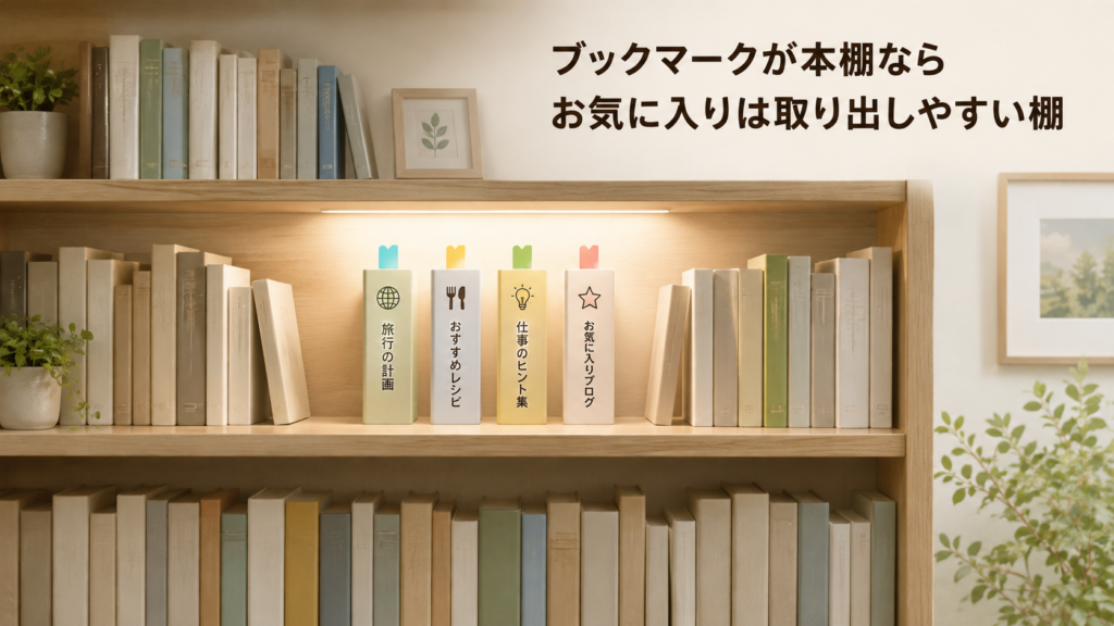 旅行やレシピの登録先を整理し、よく使う項目を取り出しやすい場所へ置くことを本棚で表したイメージ