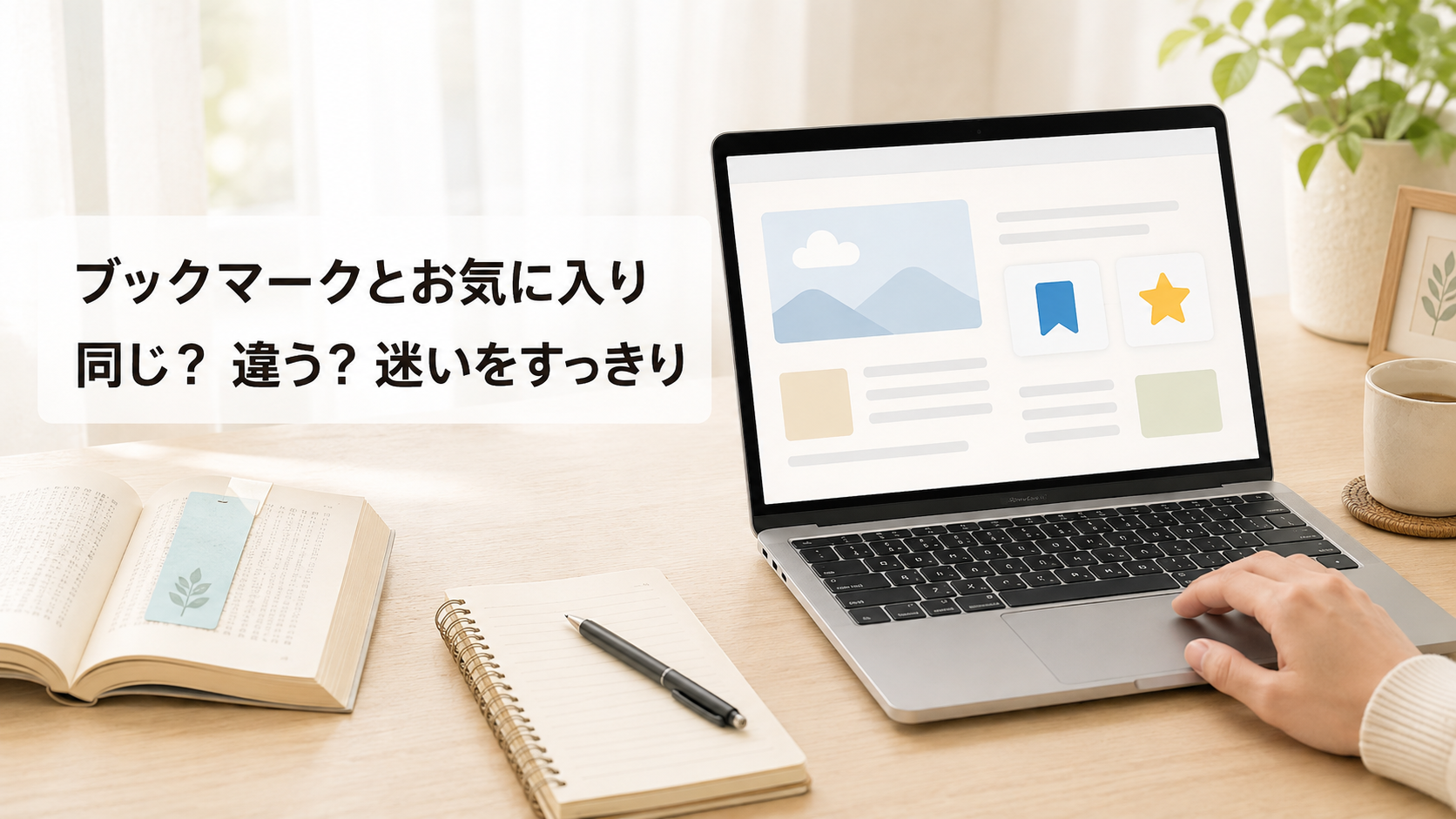 しおりと星のアイコンを使った、ブックマークとお気に入りのイメージ