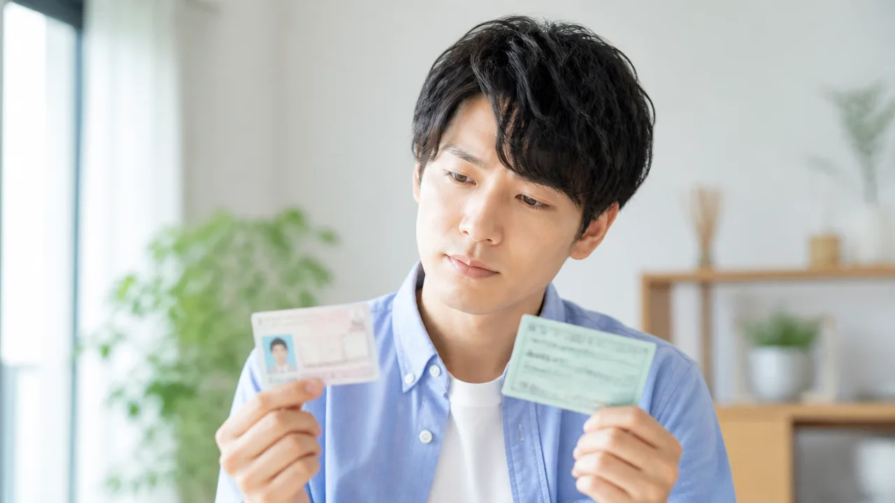 2種類のカードを手に、用途を見比べる人のイメージ
